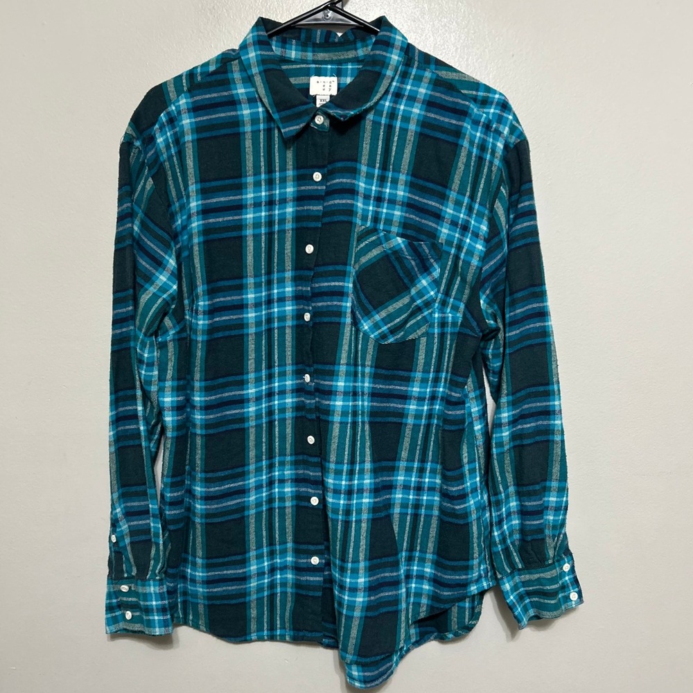 A New Day Women's Shirt Plaid Button Down XXL Teal Navy Blue Soft Cotton Flannel